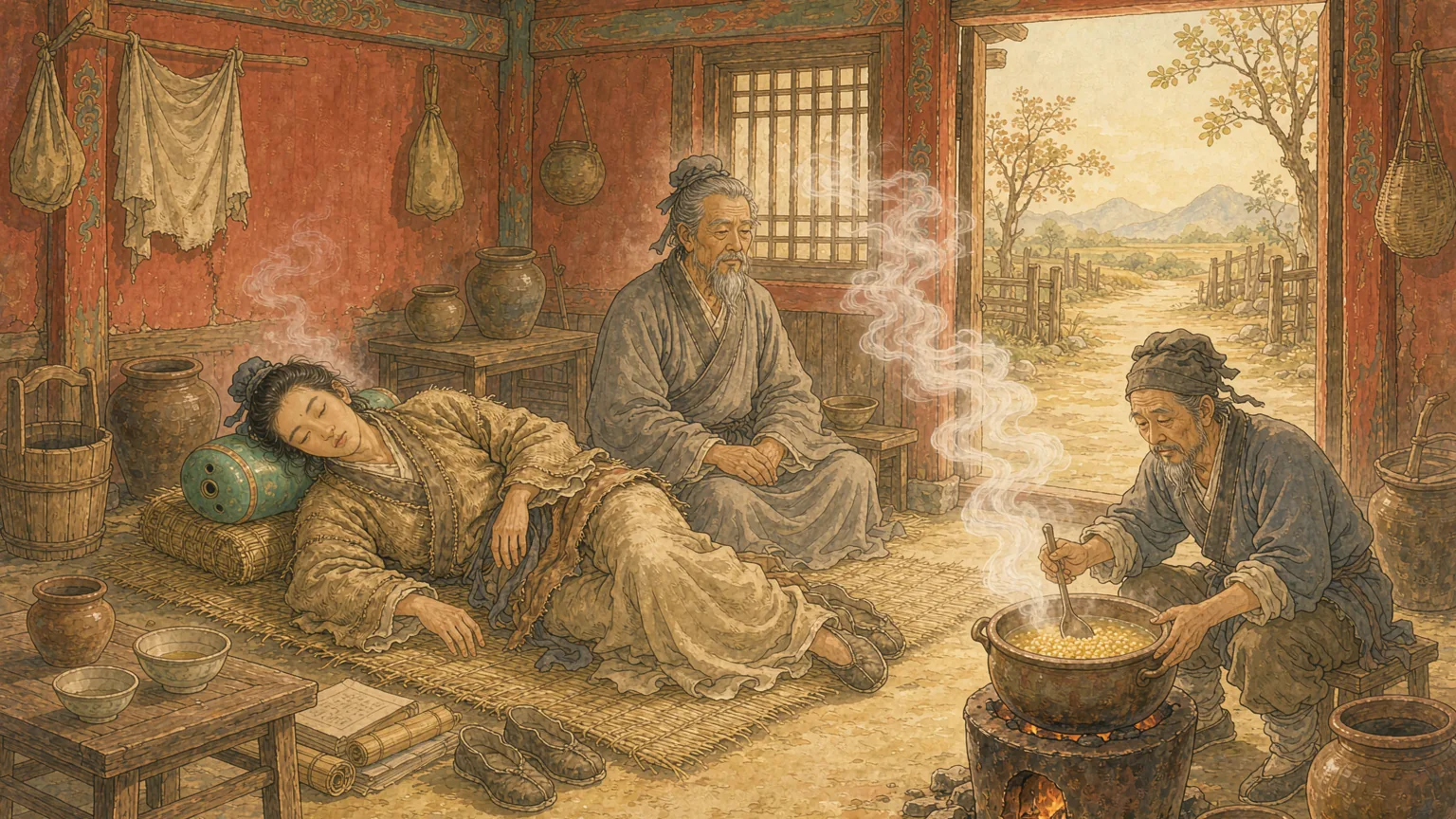A scholar asleep on a porcelain pillow in a warm inn while a pot of millet steams by the door - Chinese idiom story illustration