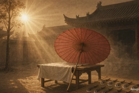 Illustration for a Chinese true crime story: a large red oiled paper umbrella propped above a low bench draped in white cloth in a Song dynasty courtyard, a row of iron sickles laid on a straw mat beside it, warm sunlight and no people
