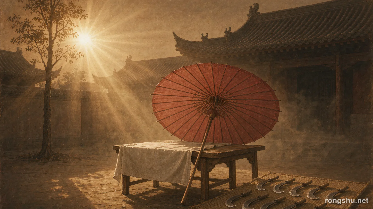 A red oiled paper umbrella over a white covered bench in a Song dynasty courtyard with iron sickles on a straw mat - Chinese true crime illustration