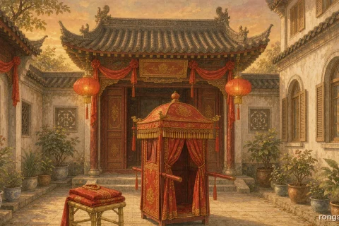 Illustration for a Chinese true crime story: a red bridal sedan chair standing in the courtyard of an 1870s Shanghai house at warm golden dusk, red silk hangings and paper lanterns on the eaves, potted plants along the walls, with no people and no text