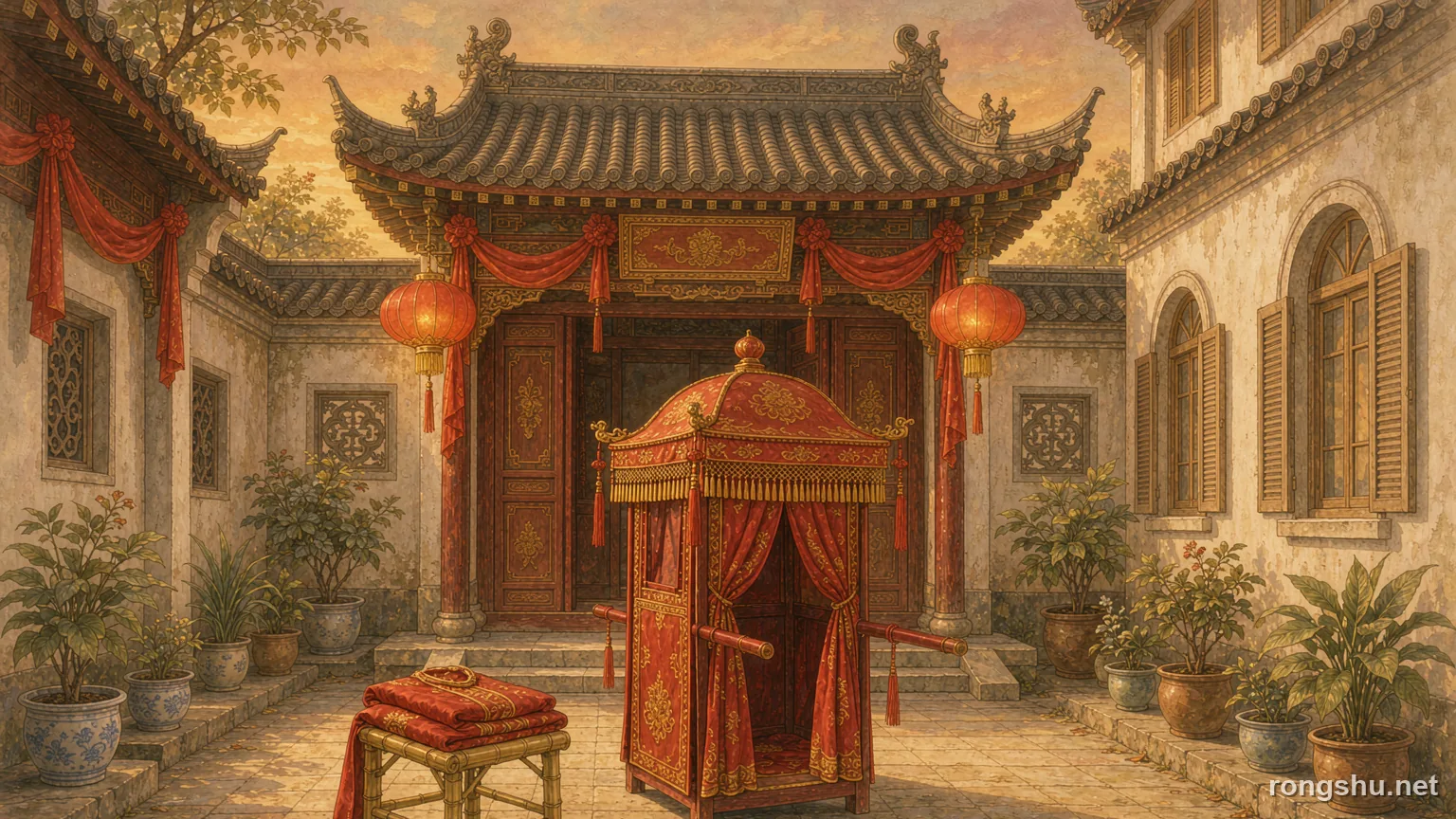 A red bridal sedan chair in a warm courtyard - Chinese true crime illustration