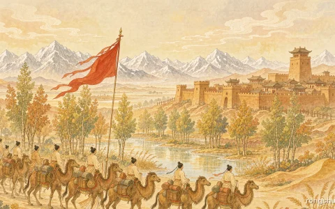 Illustration for a Chinese historical figure story: a Han dynasty caravan of camels and envoys crossing a bright desert oasis past tall poplars toward a walled fortress, a red banner raised, snow mountains on the horizon in warm golden light