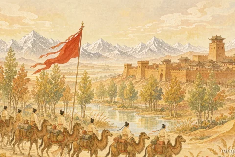 Illustration for a Chinese historical figure story: a Han dynasty caravan of camels and envoys crossing a bright desert oasis past tall poplars toward a walled fortress, a red banner raised, snow mountains on the horizon in warm golden light