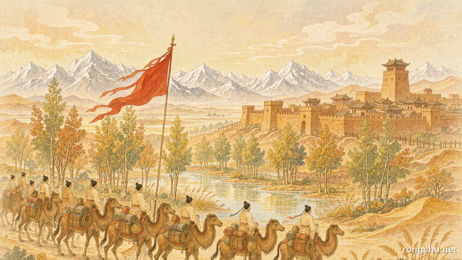A Han caravan crossing a bright desert oasis with a red banner raised - Chinese historical figure illustration