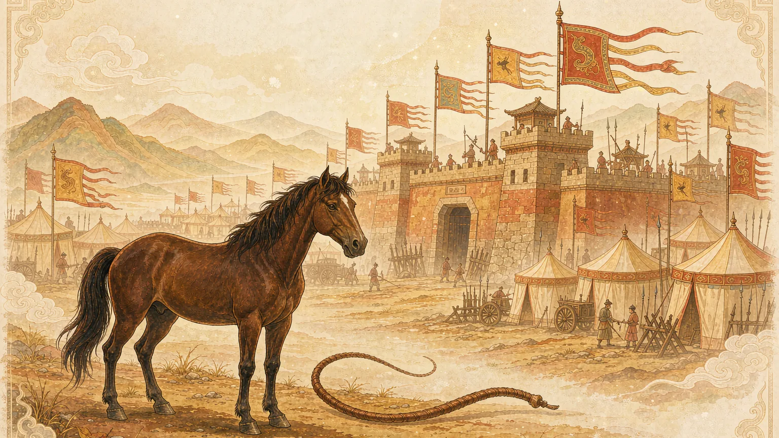 A horse beside a long whip, with a besieged walled city and army tents behind - Chinese idiom story illustration
