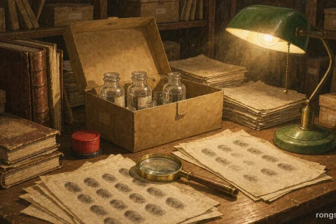 Illustration for a Chinese true crime story: yellowed fingerprint identification cards spread on a wooden desk under a warm green-shaded lamp, a brass magnifying glass, a red ink pad and a numbered evidence box holding sealed glass vials