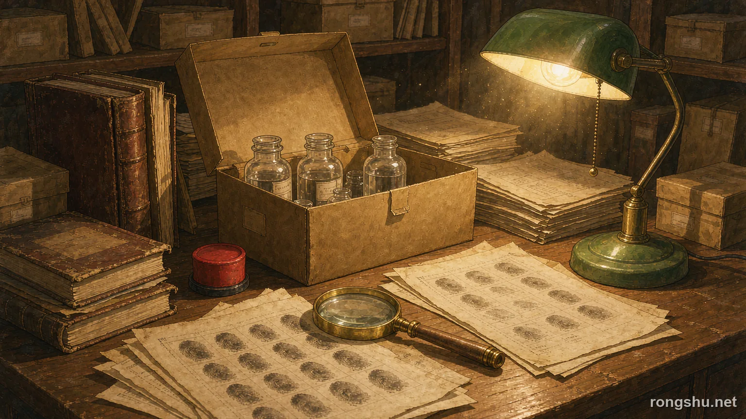 Yellowed fingerprint identification cards, a magnifying glass and sealed evidence vials under a warm lamp - Chinese true crime illustration