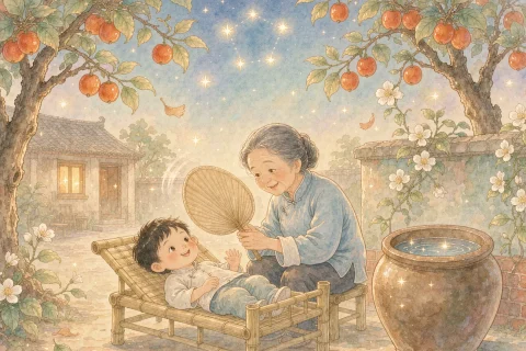A little Chinese boy lying on a bamboo bed under two jujube trees while his grandmother fans him with a palm-leaf fan, a big water jar reflecting the stars, a warm summer night sky full of golden stars - Chinese bedtime story illustration