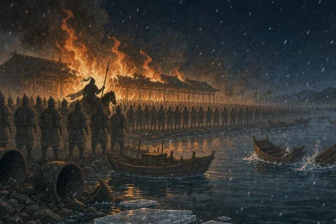 Ancient Chinese soldiers at night on a riverbank beside smashed iron cauldrons and sinking wooden boats, with burning barracks behind them - illustration for the Chinese idiom po fu chen zhou