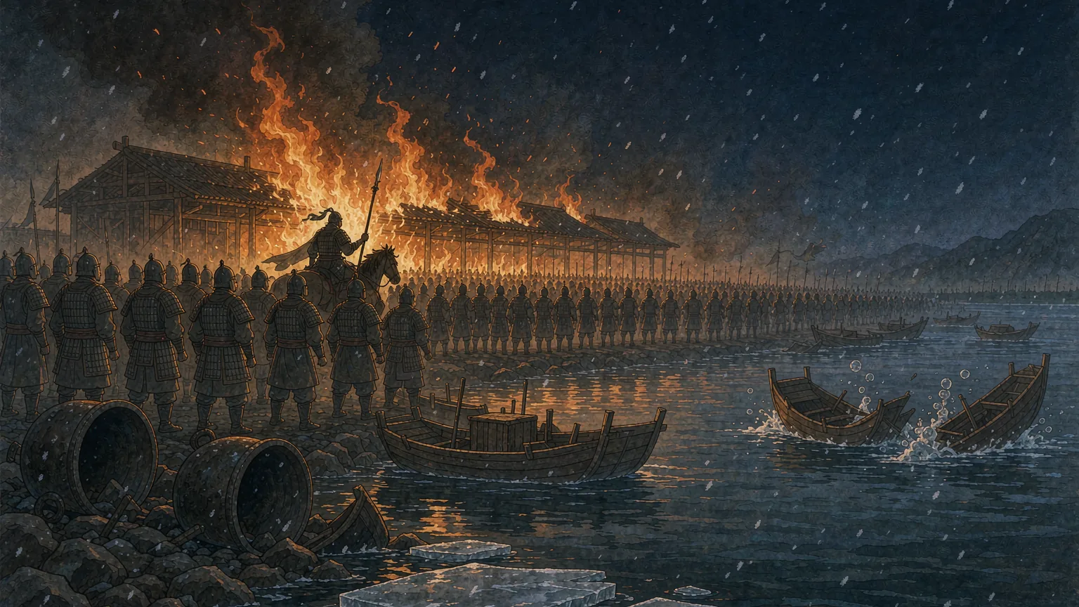 Ancient Chinese soldiers at night on a riverbank beside smashed iron cauldrons and sinking wooden boats, with burning barracks behind them - Chinese idiom story illustration