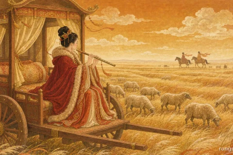 Illustration for a Chinese historical figure story: a woman in a crimson fur-lined cloak holding a slender nomad flute in a wooden carriage on golden autumn grassland, sheep and distant riders beyond, a vast amber sky
