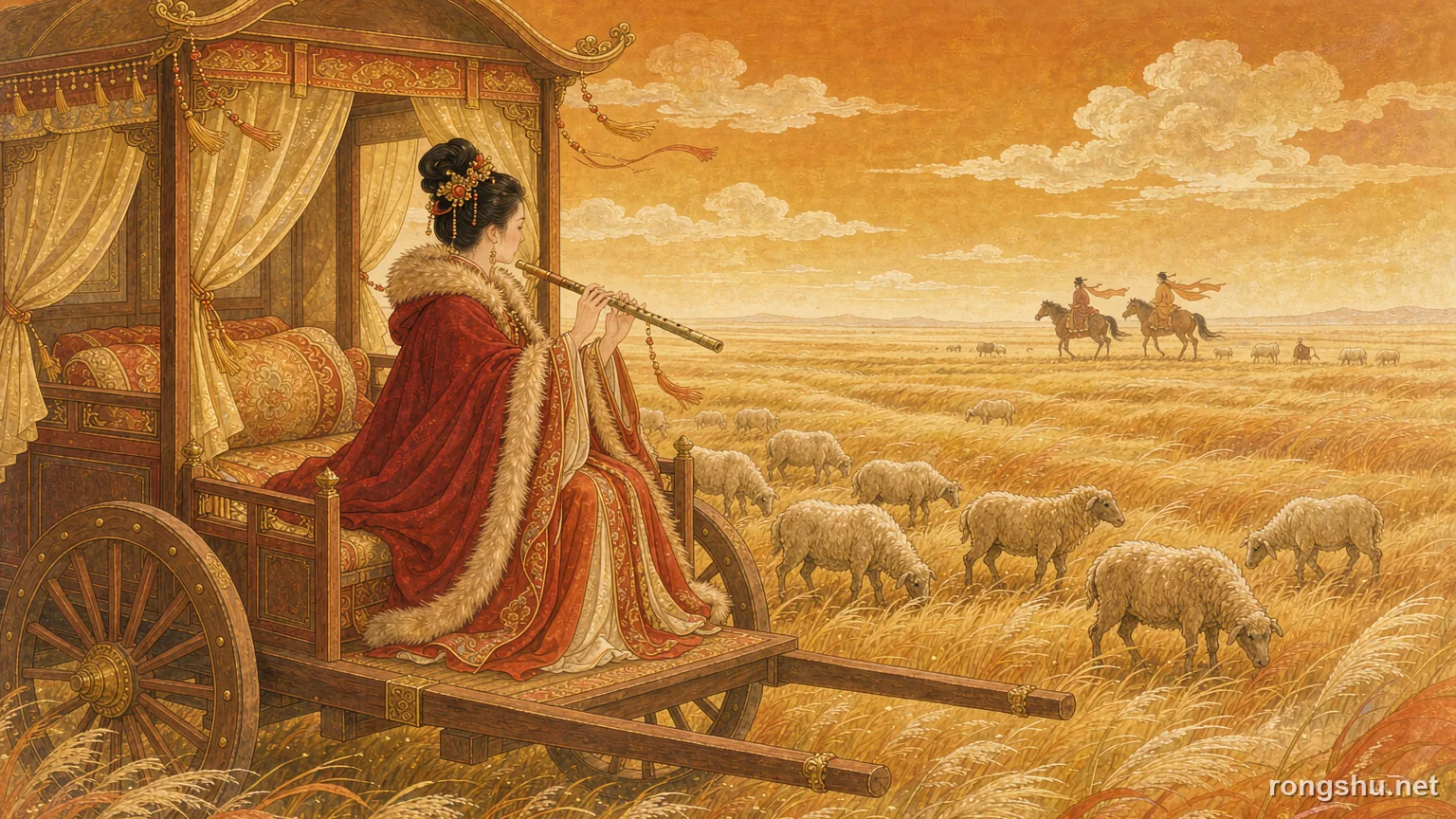 A woman in a crimson fur-lined cloak with a nomad flute in a wooden carriage on golden autumn grassland - Chinese historical figure illustration