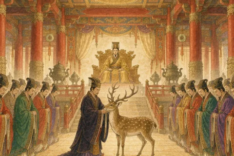 A Qin dynasty palace hall in warm light where an official presents a live antlered deer before a young emperor on a golden throne - illustration for the Chinese idiom zhi lu wei ma