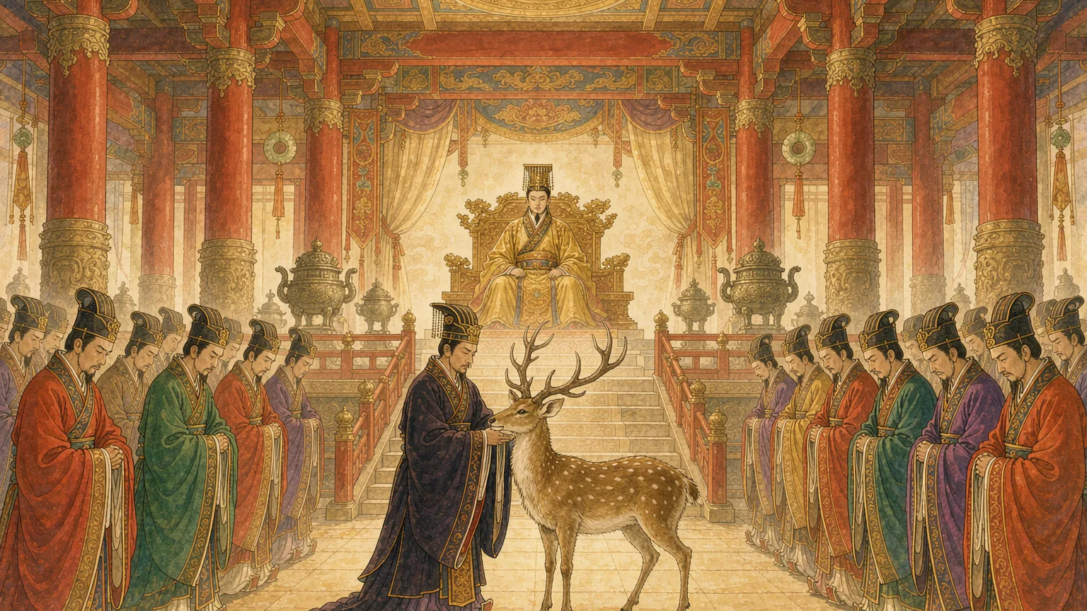 An official presents a live antlered deer before a young emperor in a Qin palace hall - Chinese idiom story illustration