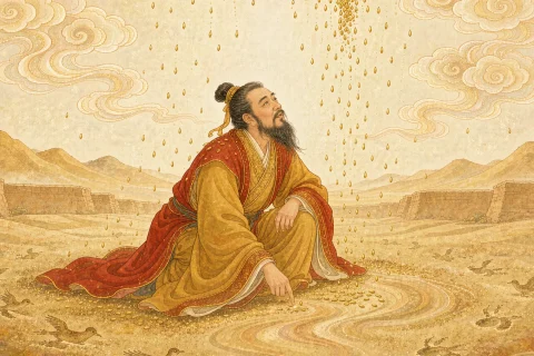 A bearded scribe in ochre and vermilion robes crouching on pale sand with bird and deer tracks around him, golden millet grains falling from a bright warm sky - illustration for the Chinese myth of Cangjie, who invented writing