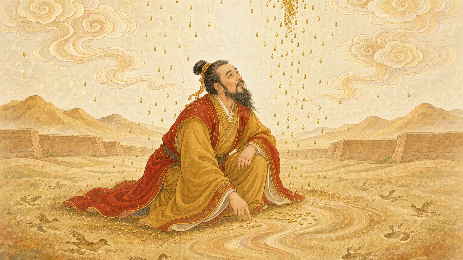 A scribe crouching on sand with bird tracks around him as golden grain falls - Chinese mythology illustration
