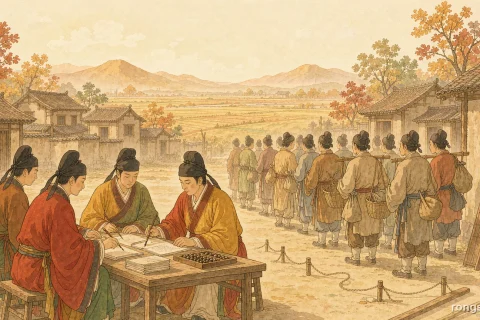 Illustration for a Chinese history story: Tang dynasty clerks behind a low desk with brushes and an abacus recording households, a long line of villagers waiting with their bundles, measuring rods and a grain measure at the edge of an autumn village
