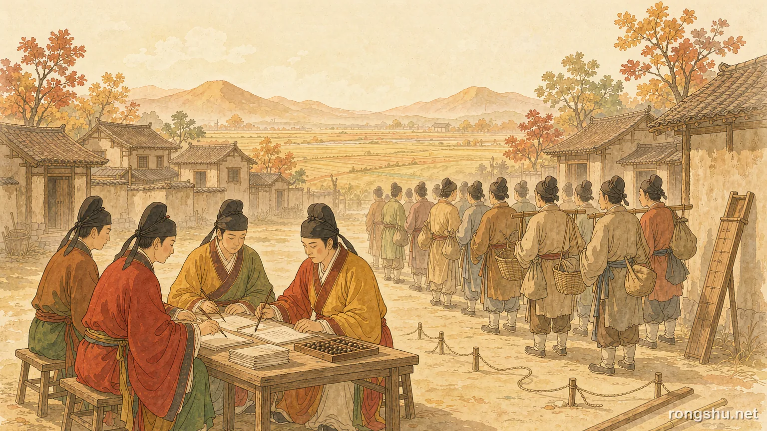 Tang dynasty clerks recording households behind a low desk with an abacus, villagers waiting in line with their bundles, measuring rods and a grain measure in an autumn village - Chinese history illustration