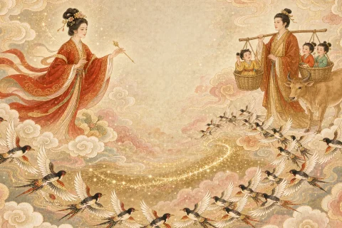 A woman in vermilion robes on one bank and a young man carrying two children in baskets on the other, joined by a bridge of magpies over a glowing river of golden stars - illustration for the Chinese myth of the Cowherd and the Weaver Girl