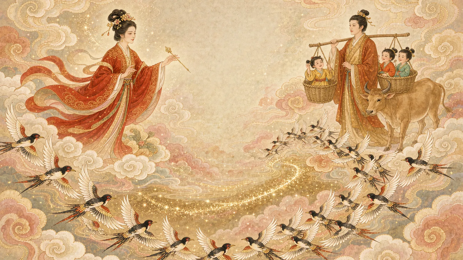 A bridge of magpies across a river of golden stars joining two banks - Chinese mythology illustration