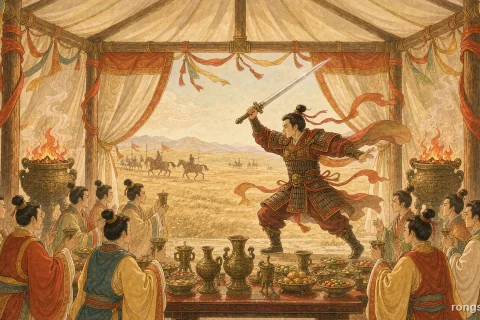 Illustration for a Chinese history story: a bright tent interior at the Hongmen banquet, low lacquered tables with bronze wine vessels, seated figures in hanfu robes seen from behind, and a young warrior dancing mid-step with a raised sword while the tent flap opens on a sunlit plain