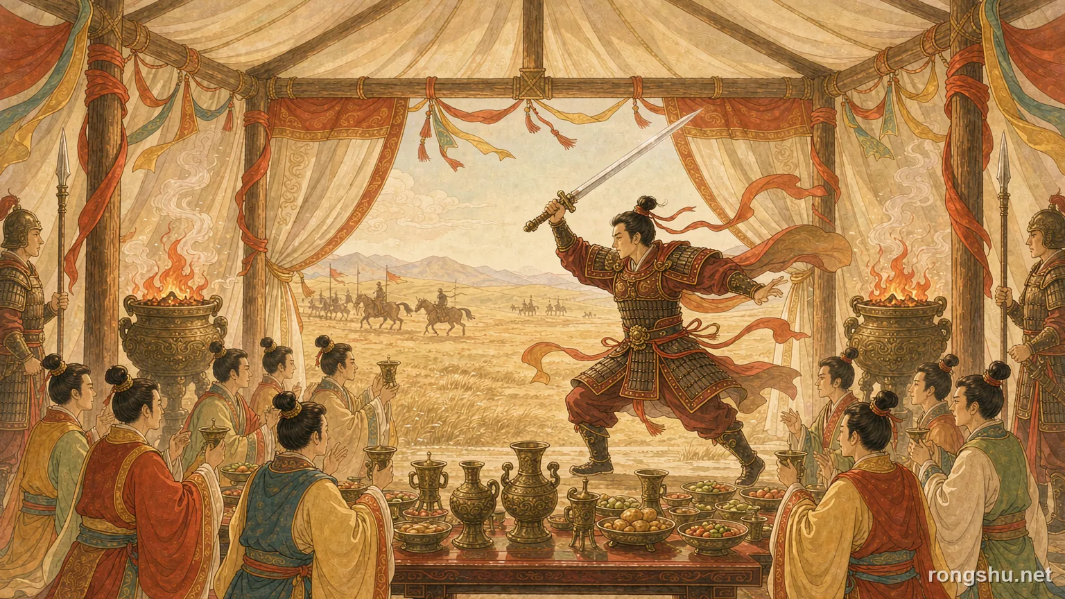The Hongmen banquet tent with a dancer raising his sword - Chinese history illustration