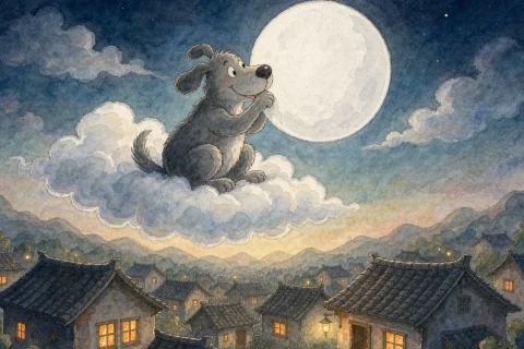 A big soft gray dog sitting on a cloud at night, nibbling a huge round white moon above a small Chinese village with warm lit windows - Chinese bedtime story illustration