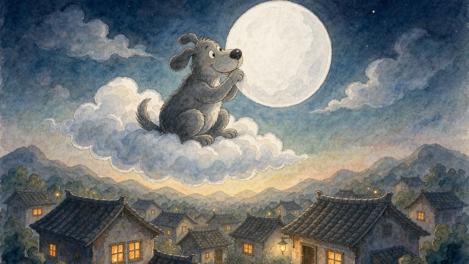 A big soft gray dog sitting on a cloud at night, nibbling a huge round white moon above a small Chinese village with warm lit windows - Chinese bedtime story illustration