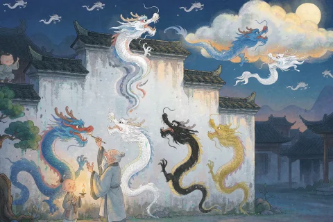 An old painter dotting the eye of a painted dragon on a white temple wall at night, a small boy monk holding up a lamp, blue, white, black and gold dragons on the wall, and two dragons rising into the clouds beside the moon - Chinese bedtime story illustration