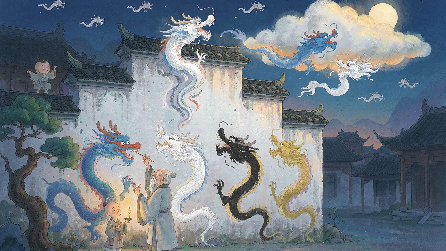 An old painter dotting the eye of a dragon on a temple wall as dragons rise into the clouds - Chinese bedtime story illustration