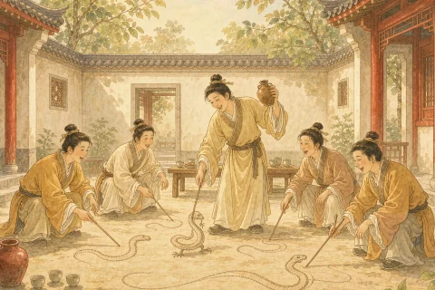 Men in warm robes crouching in a bright sunlit courtyard, drawing long snakes with sticks on the ground, while one man holds up a wine jug and still adds feet to his finished snake - illustration for the Chinese idiom hua she tian zu