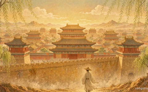 Illustration for a Chinese historical figure story: a lone scholar in a plain robe and bamboo hat seen from behind, walking along a great city wall toward tiled gate towers glowing in warm golden light