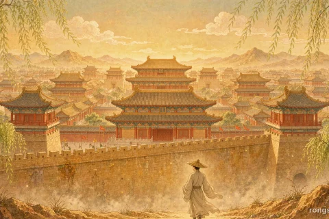 Illustration for a Chinese historical figure story: a lone scholar in a plain robe and bamboo hat seen from behind, walking along a great city wall toward tiled gate towers glowing in warm golden light