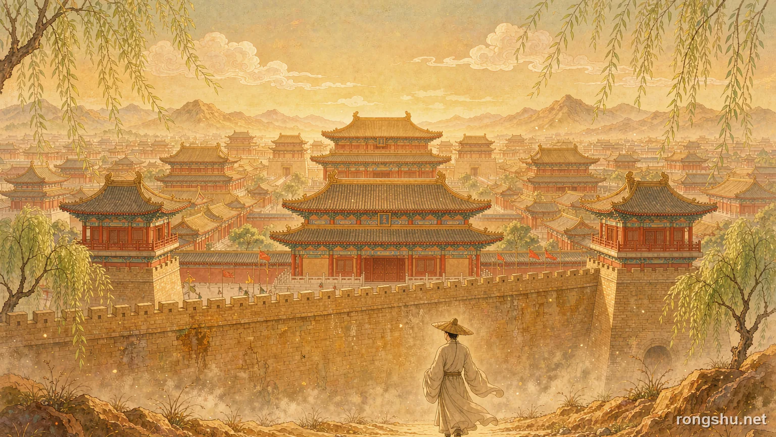 A lone scholar before the walls of the Tang capital in golden light - Chinese historical figure illustration