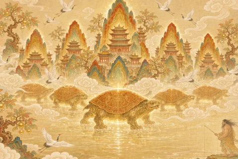 Five gold and jade mountains with pavilions and pearl trees floating on a bright sea, each resting on enormous patterned turtles, white cranes circling through warm cream clouds, and a colossal giant standing at the shore with a fishing line in the distance - illustration for the Chinese myth of Guixu and the five floating mountains