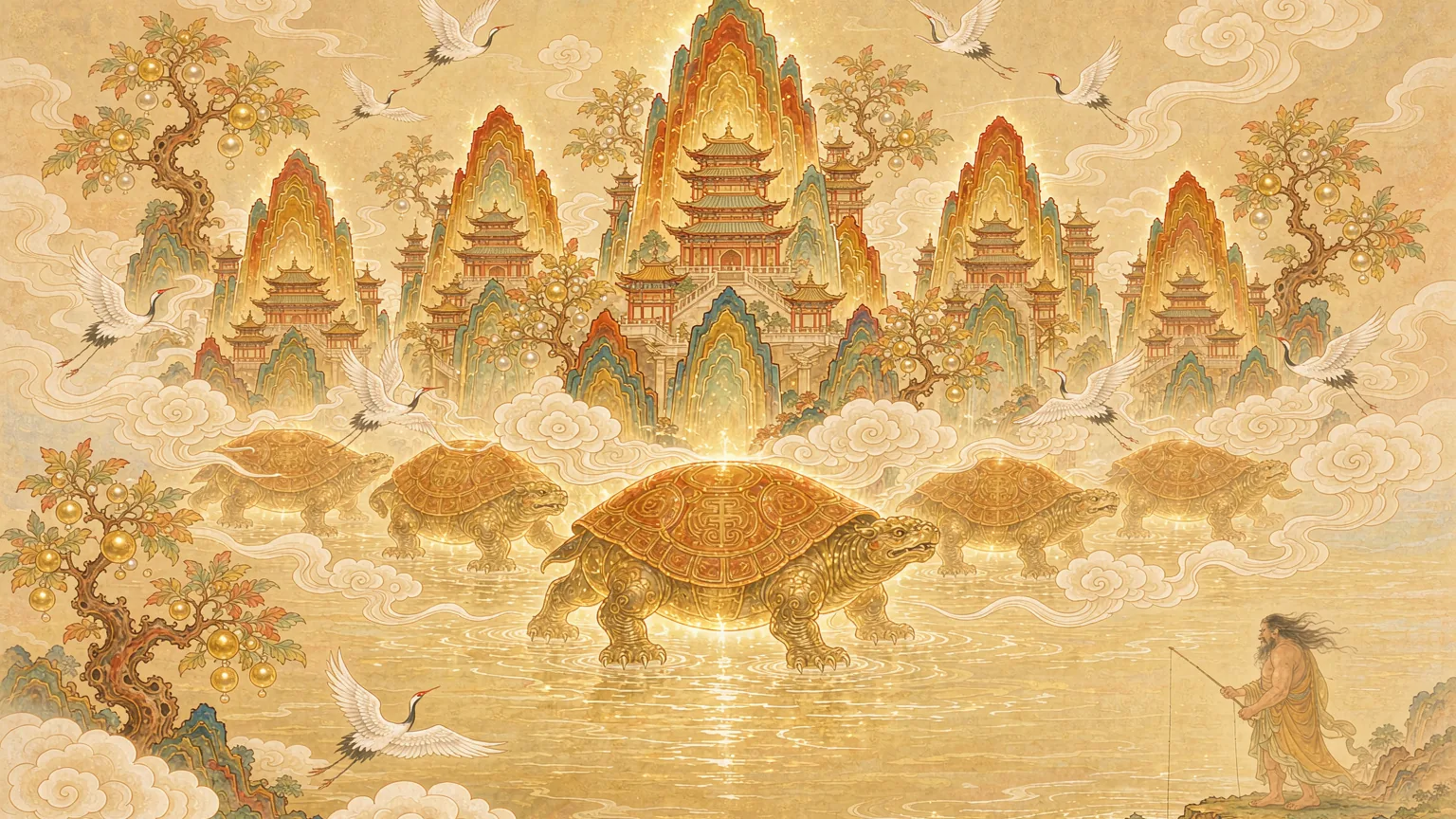 The five floating mountains held up by giant turtles - Chinese mythology illustration