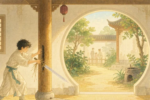 A boy in a rough robe lifting a long bright sword out of the open stone base of a wooden pillar inside an old hall, warm sunlight coming through the doorway - illustration for the Chinese legend Ganjiang and Moye