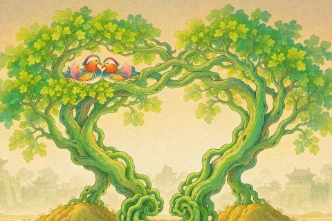 Two great green trees rising from two separate grave mounds far apart, their branches arching towards each other and twining in the middle, with a pair of mandarin ducks perched among the leaves and a distant city wall under a warm sky - illustration for the Chinese legend Han Ping and His Wife