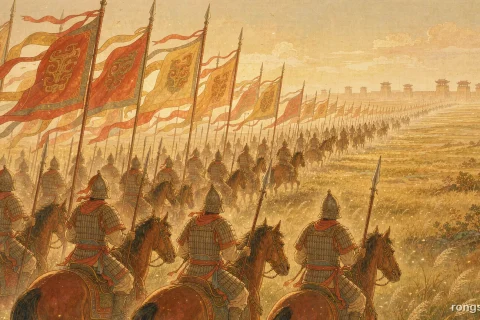 Illustration for a Chinese historical figure story: a long column of Han dynasty armored cavalry with tall red and gold banners crossing a sunlit grassland, watchtowers on the far horizon under warm golden morning light