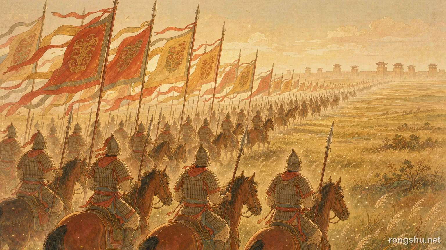 Han cavalry and red banners on a sunlit grassland - Chinese historical figure illustration