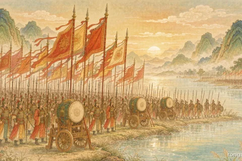 Illustration for a Chinese historical figure story: an ancient Chinese army drawn up along a broad river at dawn with tall red and ochre war banners, bronze drums on wooden carts, mist over the water and warm golden sunlight