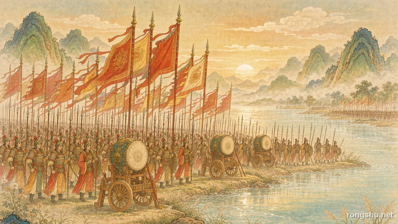 Han dynasty army with red banners and bronze drums on a river bank at golden dawn - Chinese historical figure illustration