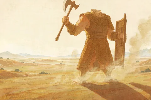 A towering headless warrior in ancient bronze armour standing alone on a vast sunlit ochre plain, raising a long-handled battle axe and holding up a wooden shield - illustration for the Chinese myth of Xingtian