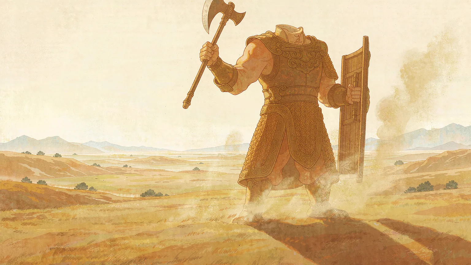 A towering headless warrior in ancient bronze armour standing alone on a vast sunlit plain - Chinese mythology illustration