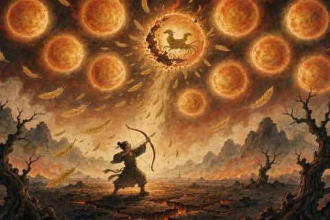 An ancient Chinese archer drawing a red lacquered bow at a sky filled with nine blazing suns, one of them bursting open and shedding golden feathers, above a cracked scorched plain - illustration for the Chinese myth of Houyi
