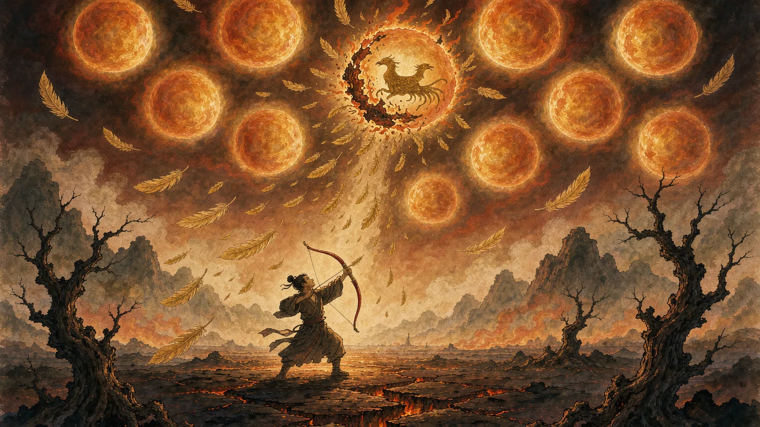 An ancient Chinese archer drawing a red lacquered bow at a sky filled with nine blazing suns - Chinese mythology illustration