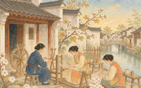 Illustration for a Chinese historical figure story: three women weaving and spinning at a wooden wheel and loom under the eaves of a riverside village house, baskets of white cotton bolls, warm golden afternoon light