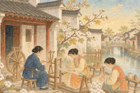 Illustration for a Chinese historical figure story: three women weaving and spinning at a wooden wheel and loom under the eaves of a riverside village house, baskets of white cotton bolls, warm golden afternoon light