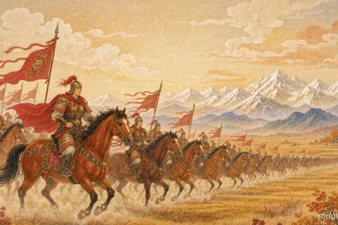 Illustration for a Chinese historical figure story: a young Han cavalry general in red-lacquered armor and crimson cloak on a chestnut warhorse, leading a long column of riders with red banners across golden autumn grassland, snow-capped mountains under a bright sky