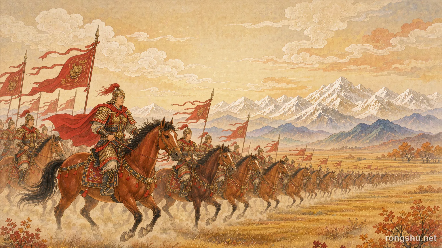 A young Han cavalry general in red armor leading riders with red banners across golden grassland toward snow-capped mountains - Chinese historical figure illustration